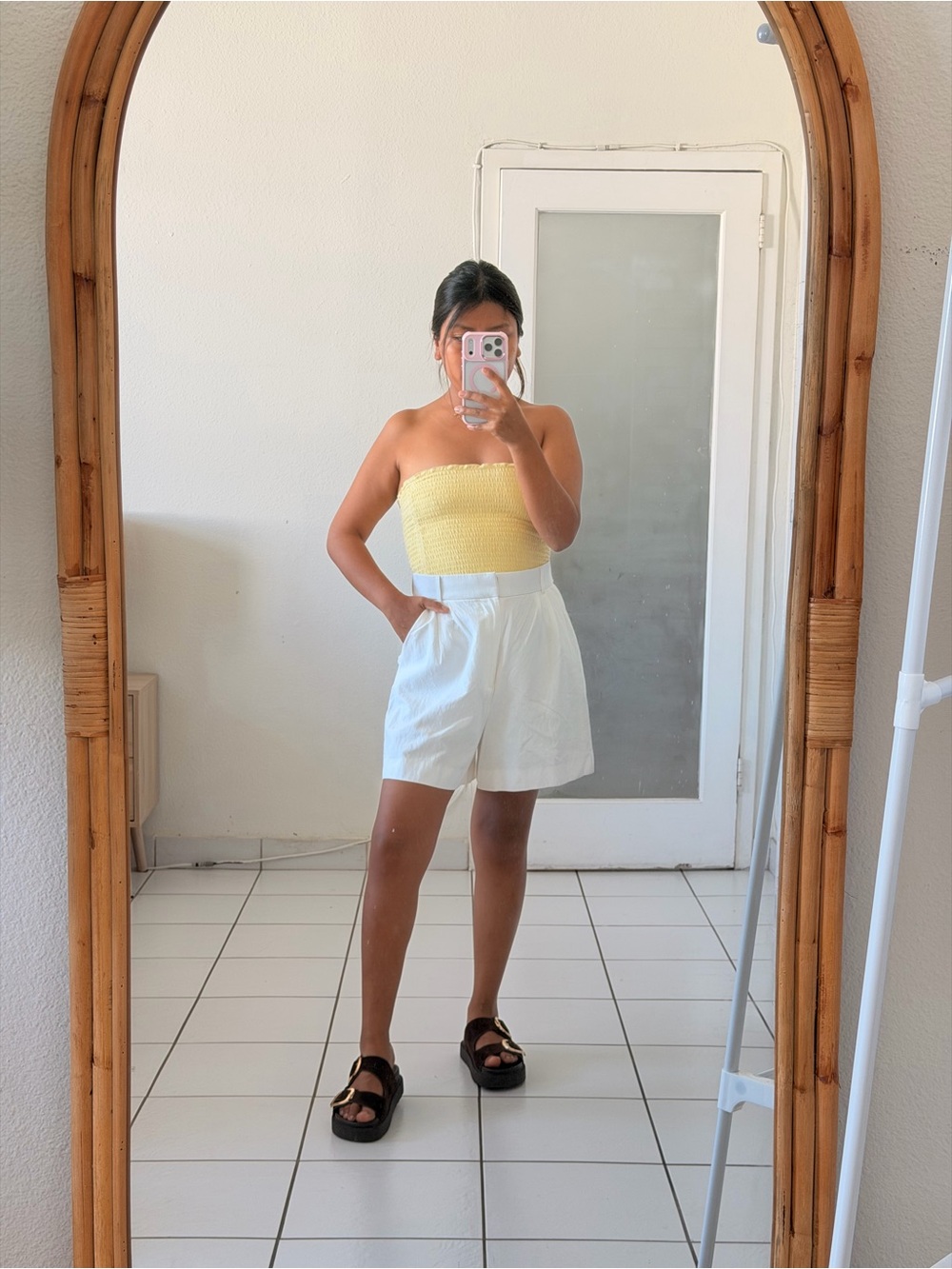 Zara White High-Waist Bermuda Shorts with Yellow Tube Top